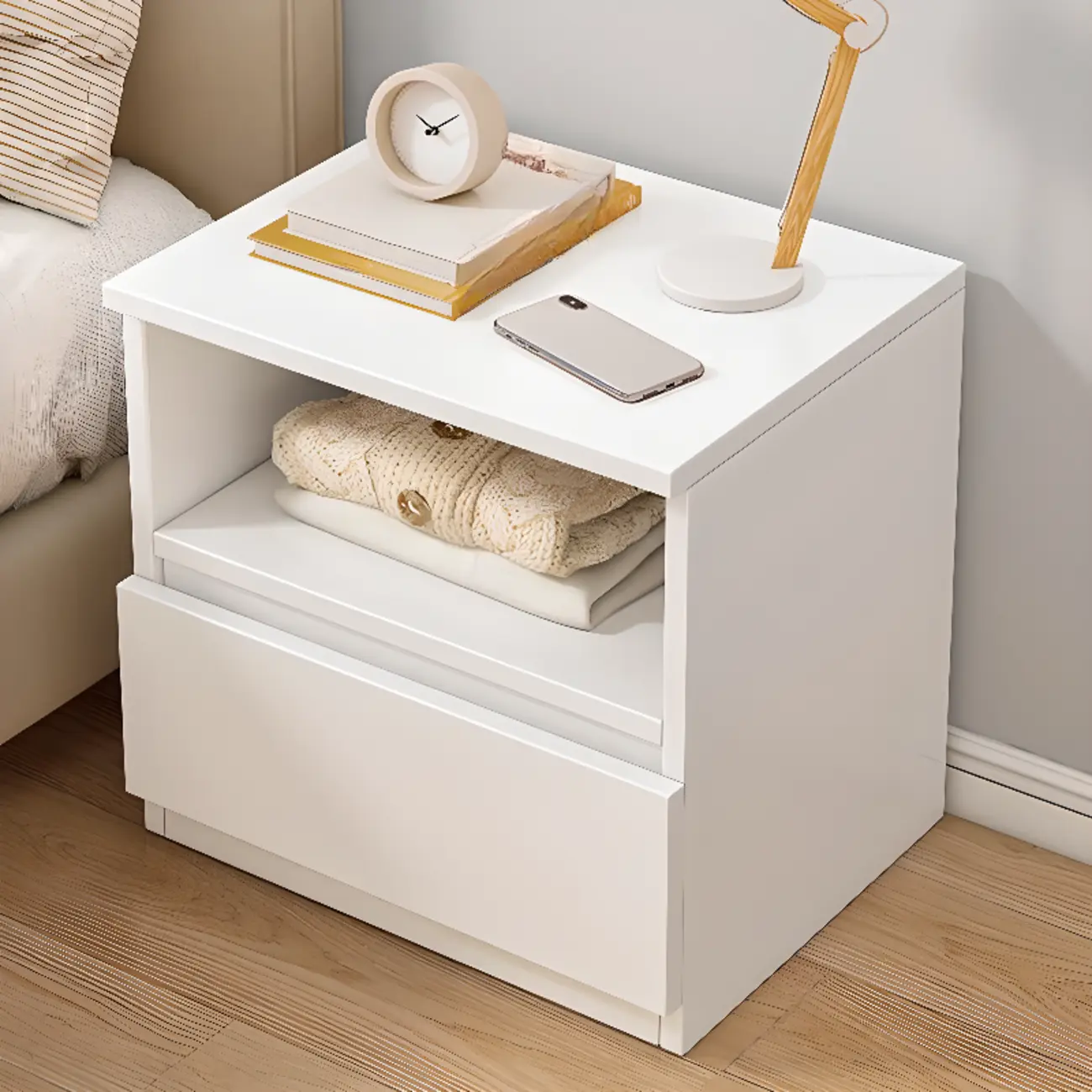 Simplistic White Wooden Bedside Table with 2 Storage Drawers Image - 3 | homeyfad