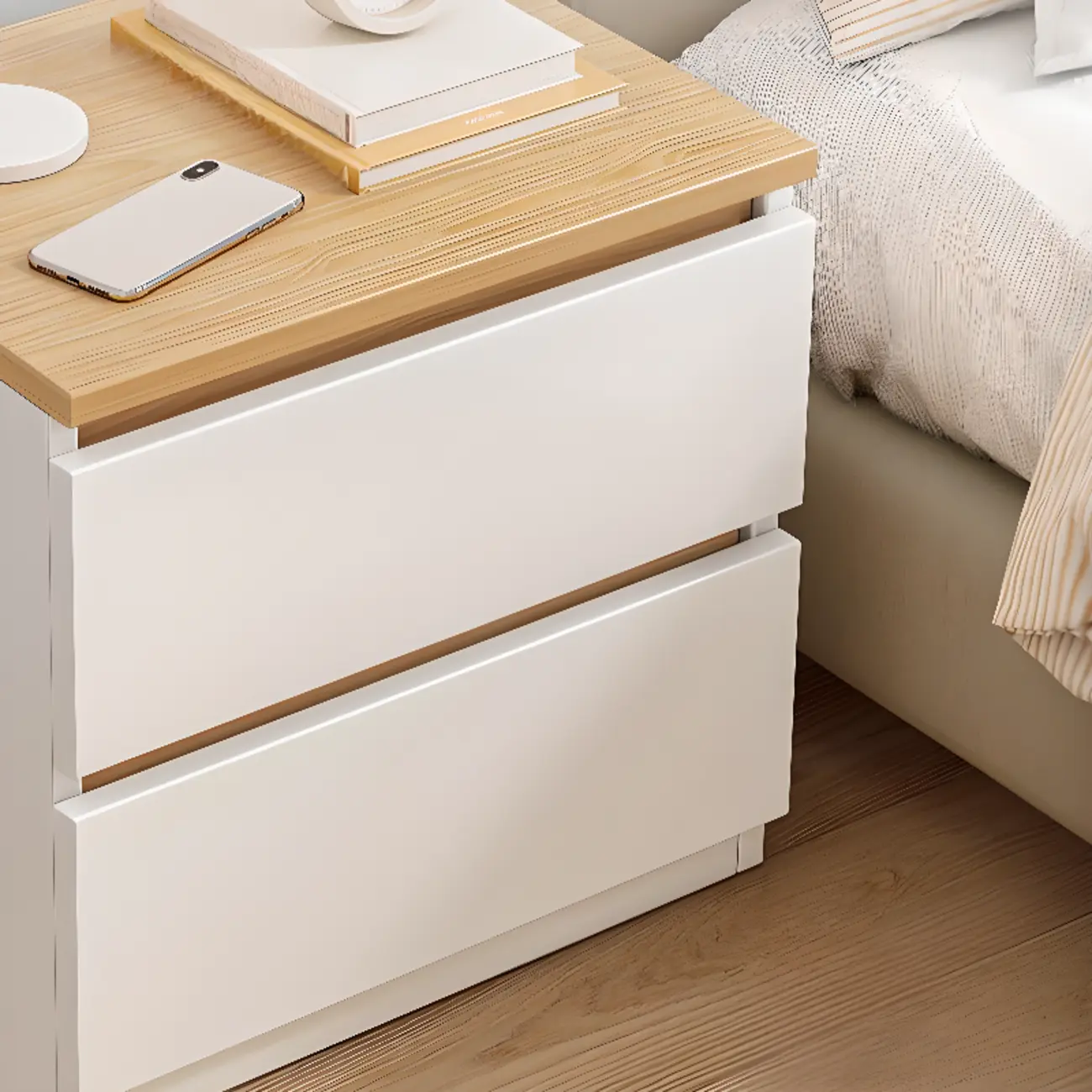 Simplistic White Wooden Bedside Table with 2 Storage Drawers Image - 5 | homeyfad