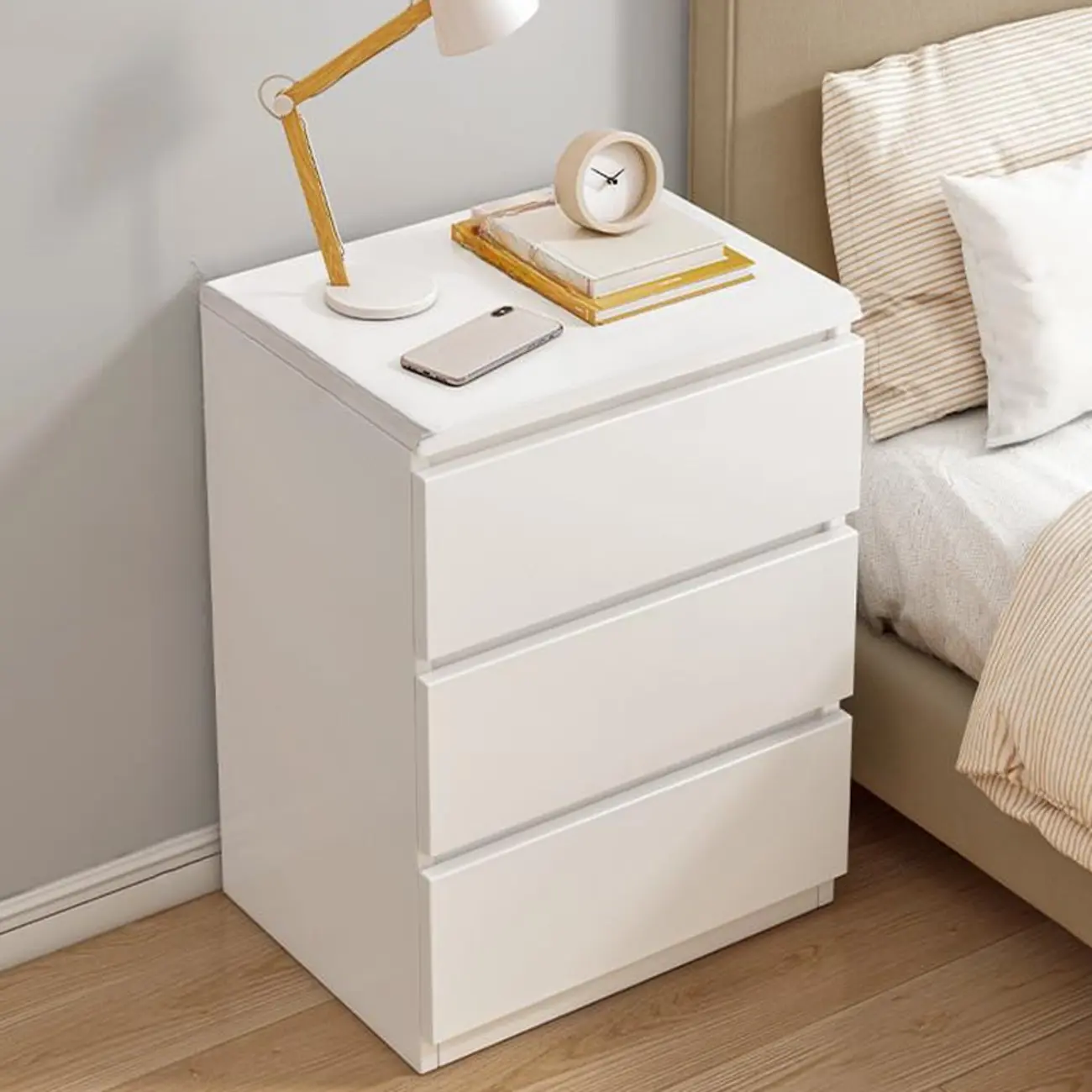 Simplistic White Wooden Bedside Table with 2 Storage Drawers Image - 6 | homeyfad