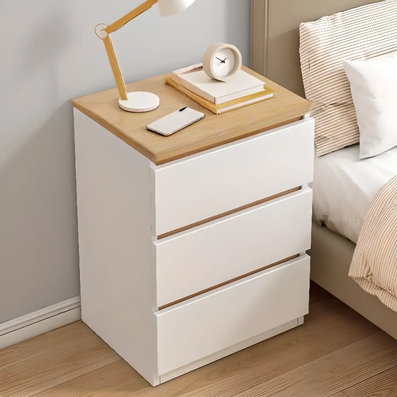 Simplistic White Wooden Bedside Table with 2 Storage Drawers Image - 8