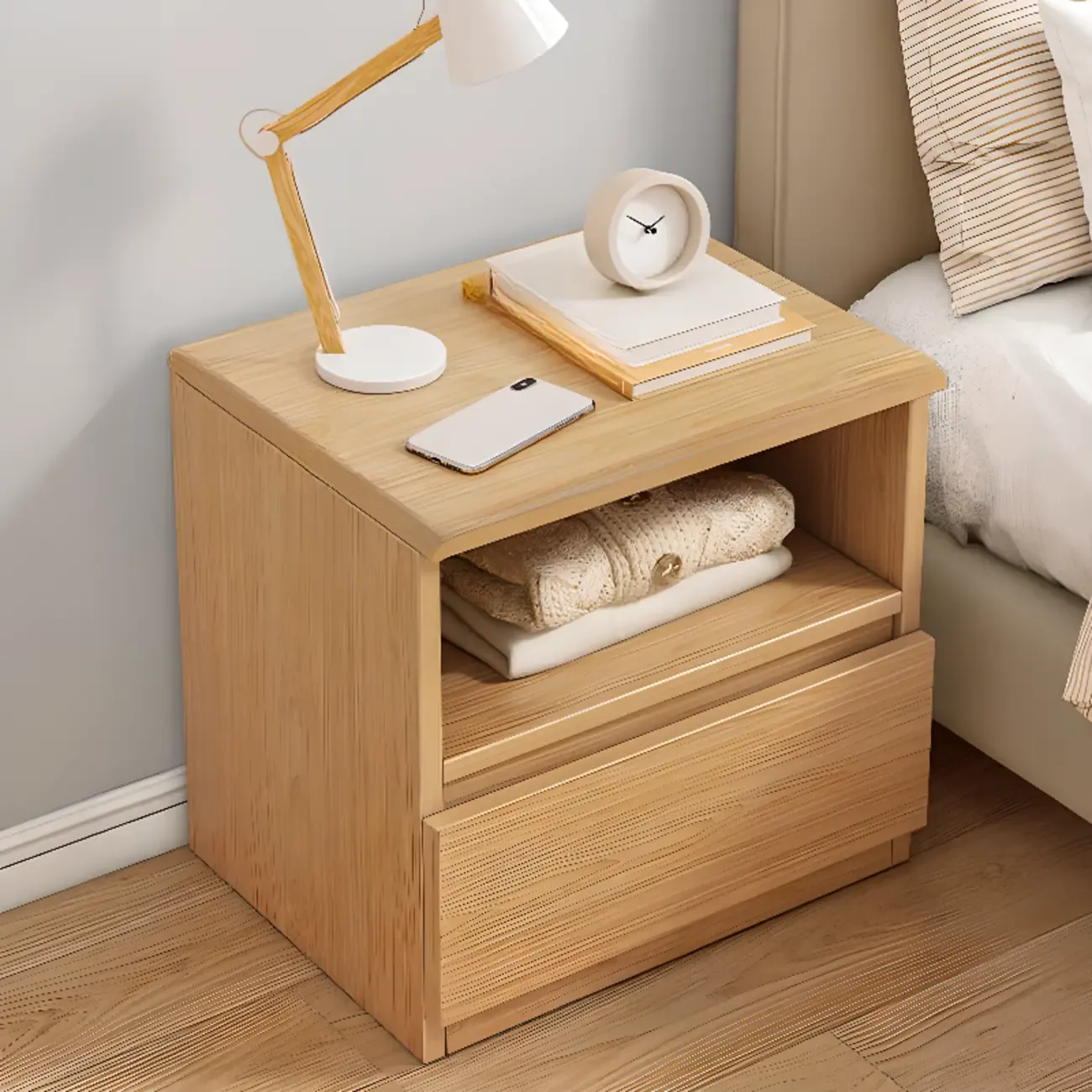Simplistic White Wooden Bedside Table with 2 Storage Drawers Image - 10