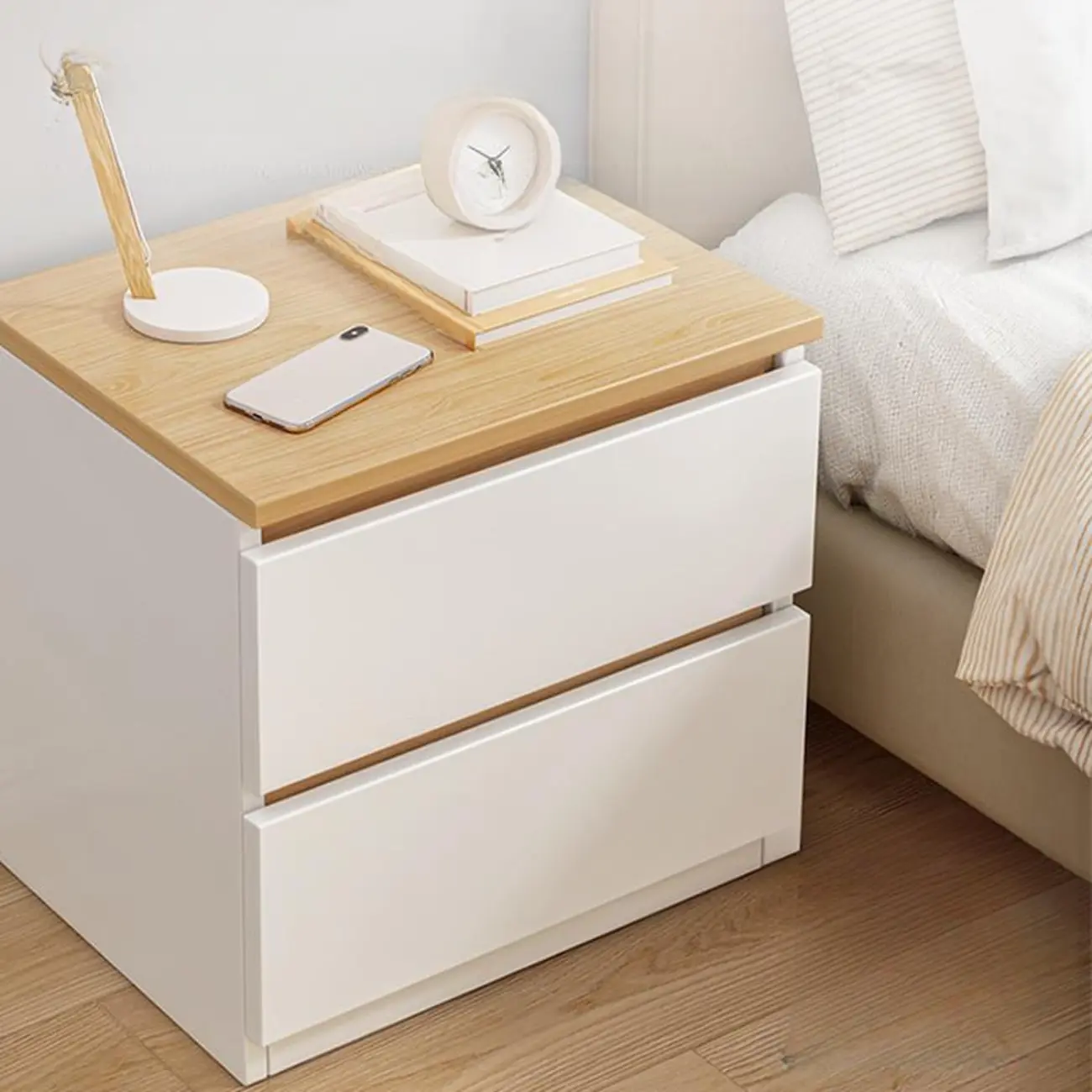 Simplistic White Wooden Bedside Table with 2 Storage Drawers Image - 11 | homeyfad