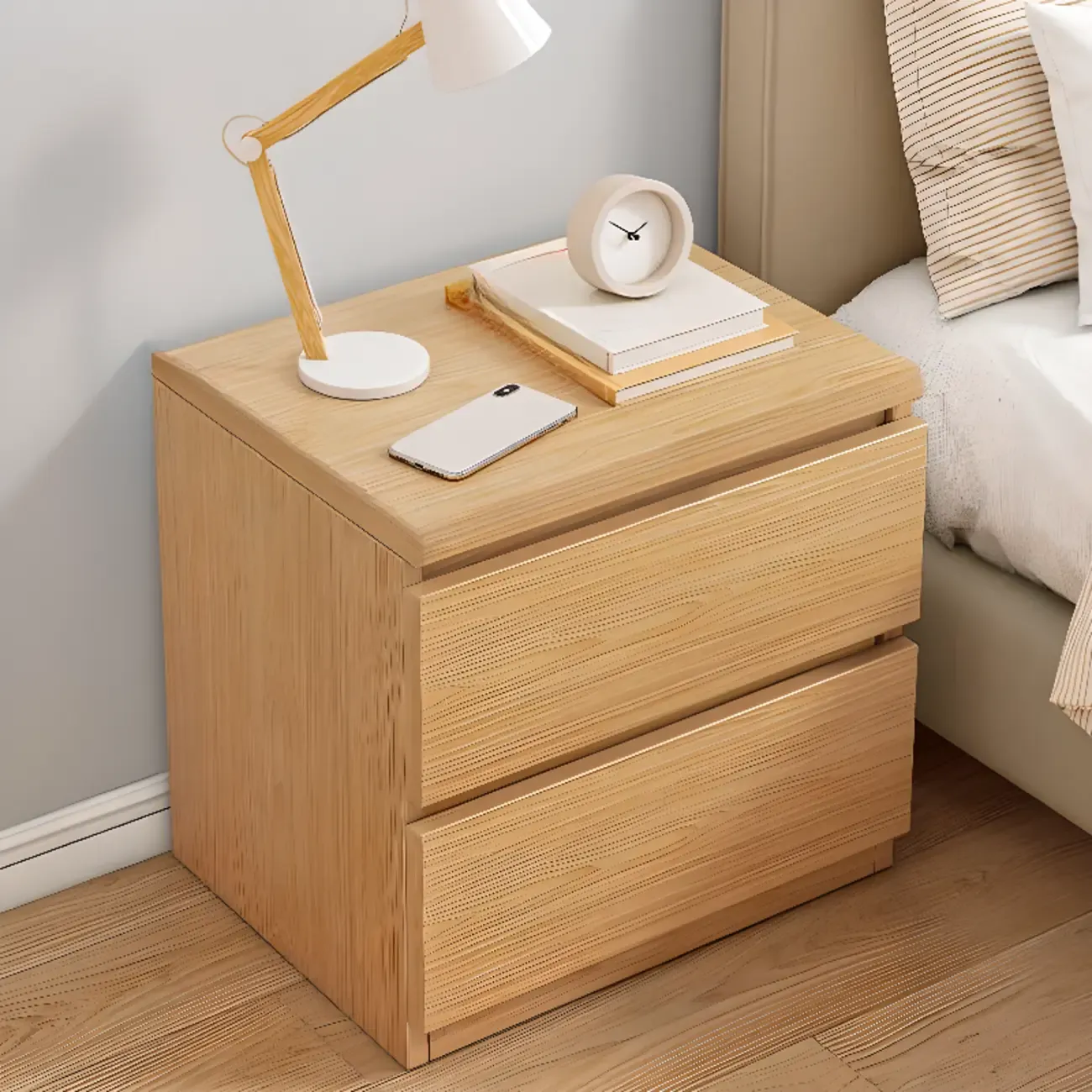 Simplistic White Wooden Bedside Table with 2 Storage Drawers Image - 12
