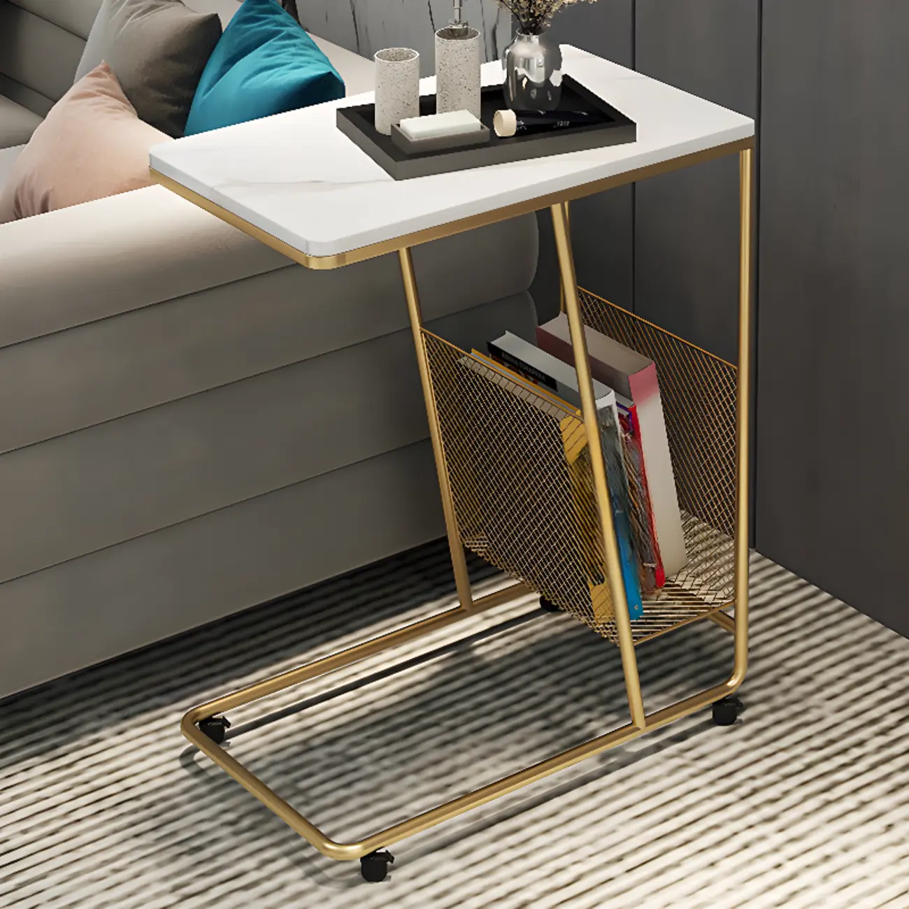  Metal C-Shaped Marble Top End Table with Magazine Rack Image - 1 | homeyfad