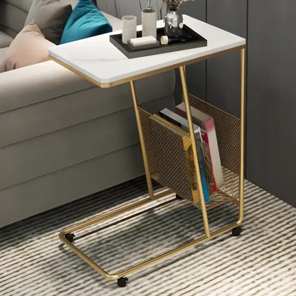  Metal C-Shaped Marble Top End Table with Magazine Rack Image - 1