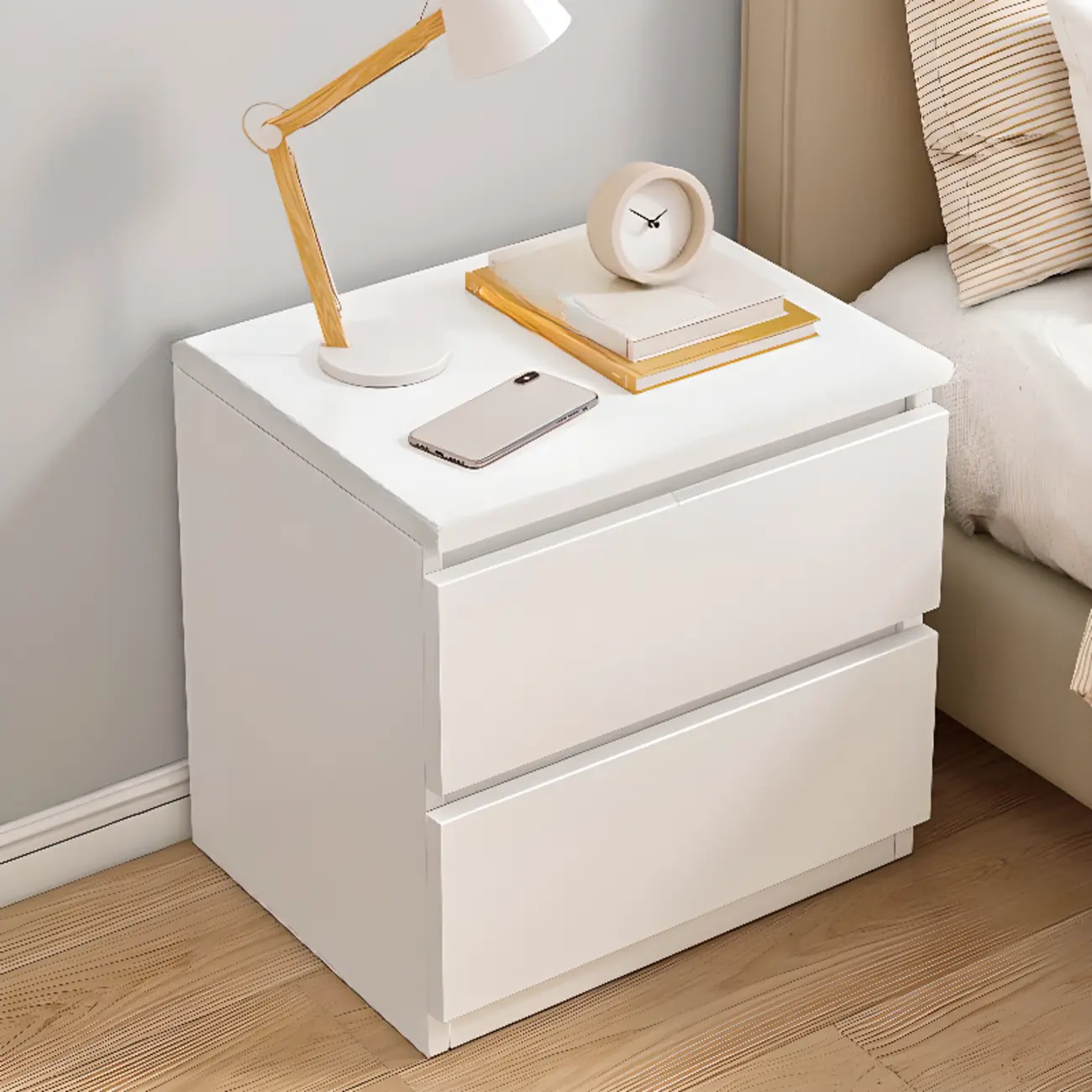 Simplistic White Wooden Bedside Table with 2 Storage Drawers Image - 13 | homeyfad