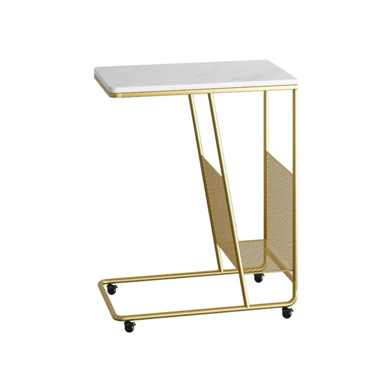  Metal C-Shaped Marble Top End Table with Magazine Rack Image - 2