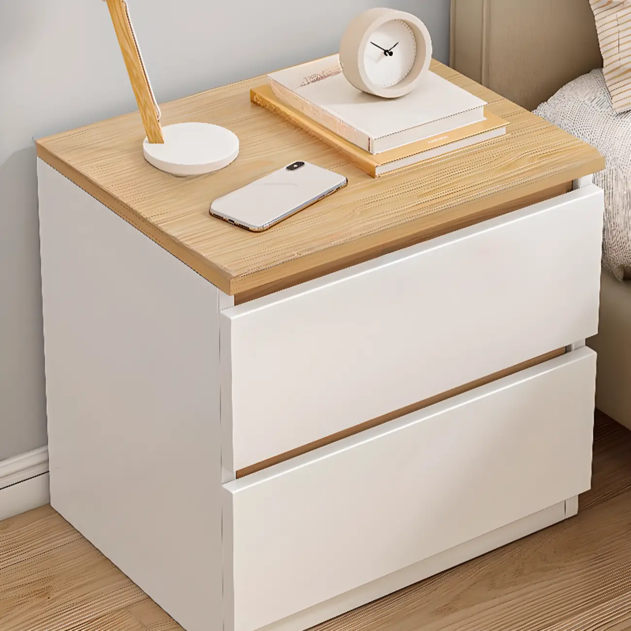 Simplistic White Wooden Bedside Table with 2 Storage Drawers Image - 14 | homeyfad