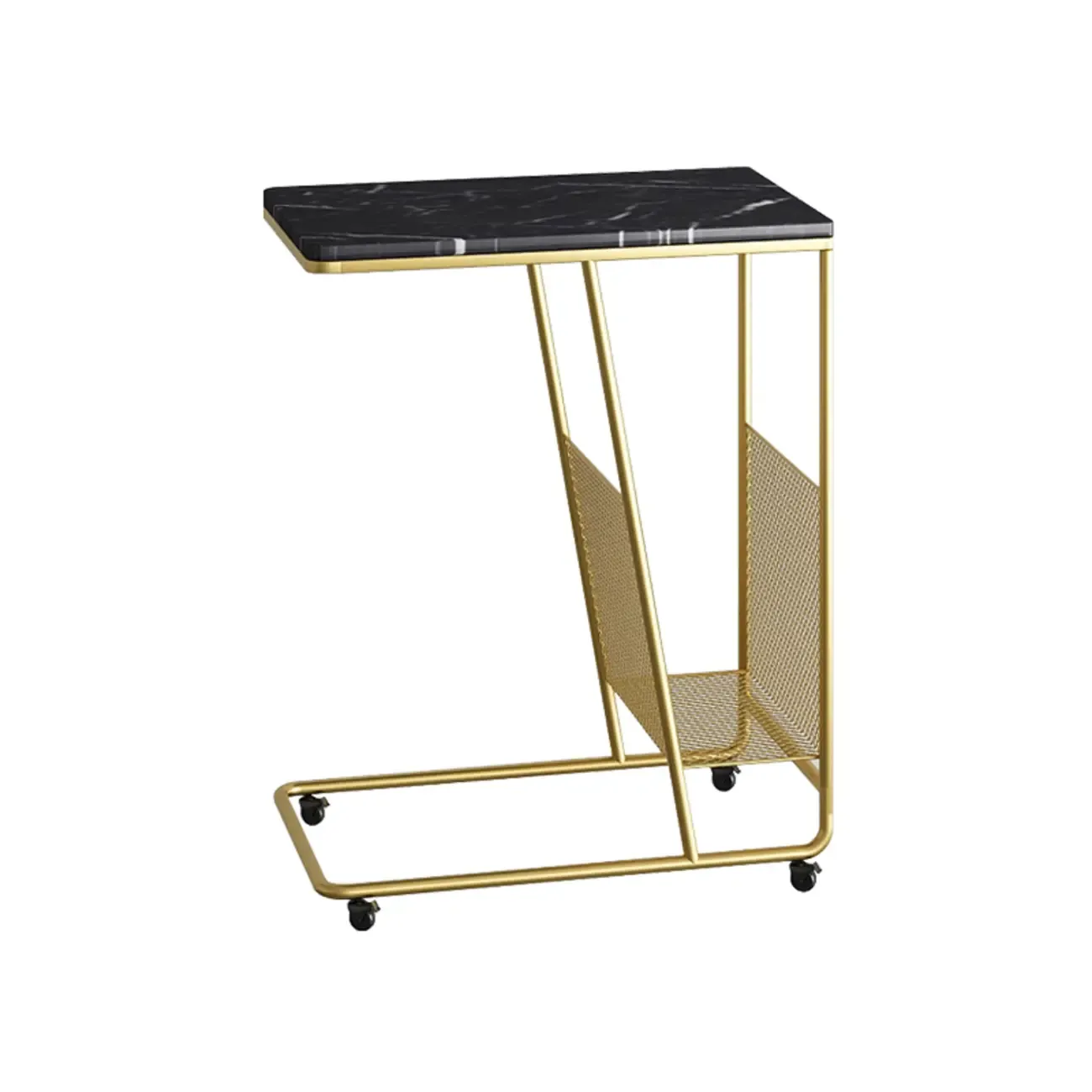  Metal C-Shaped Marble Top End Table with Magazine Rack Image - 3