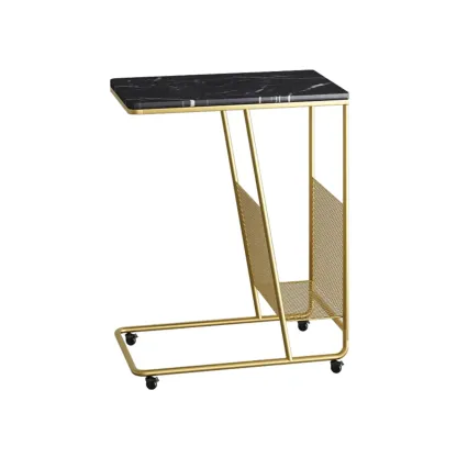  Metal C-Shaped Marble Top End Table with Magazine Rack Image - 3