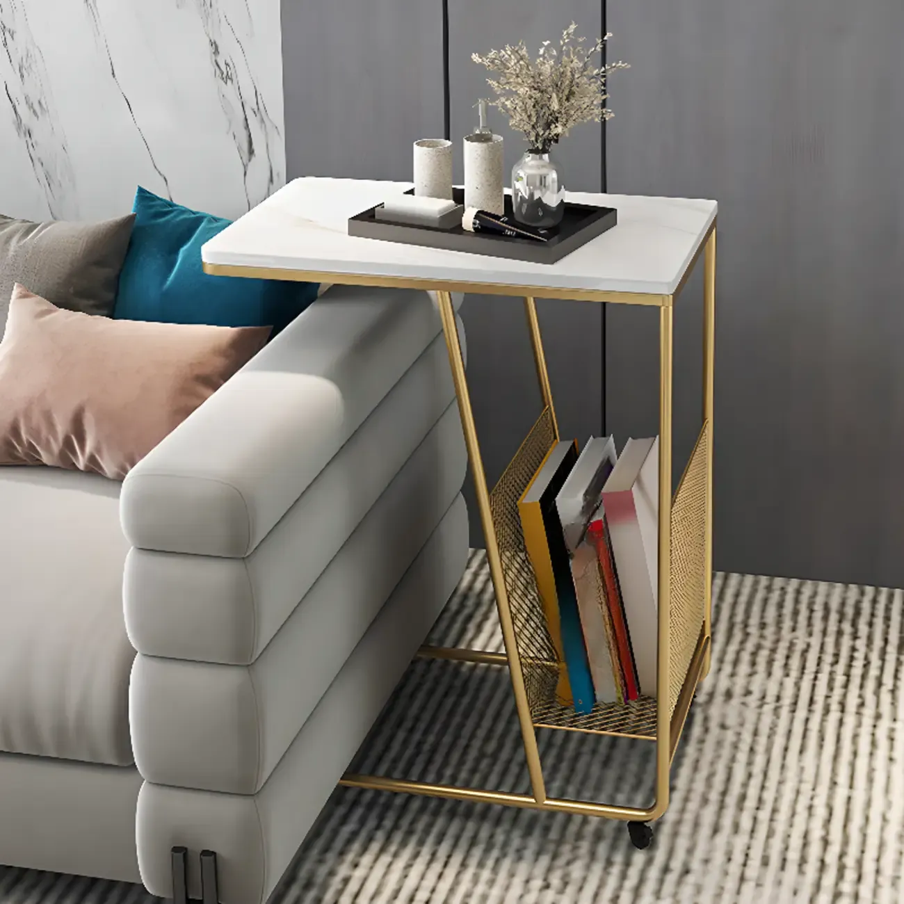  Metal C-Shaped Marble Top End Table with Magazine Rack Image - 4