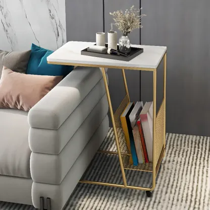  Metal C-Shaped Marble Top End Table with Magazine Rack Image - 4