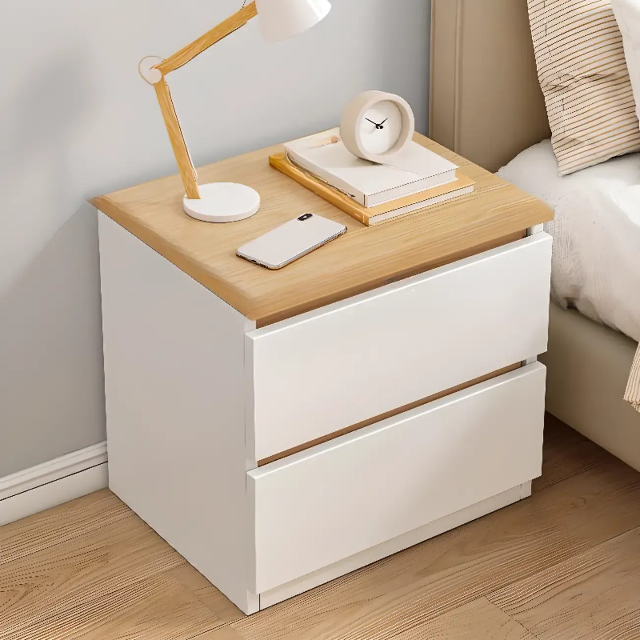 Simplistic White Wooden Bedside Table with 2 Storage Drawers Image - 16