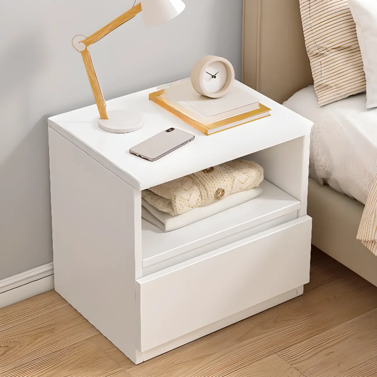 Simplistic White Wooden Bedside Table with 2 Storage Drawers Image - 17 | homeyfad