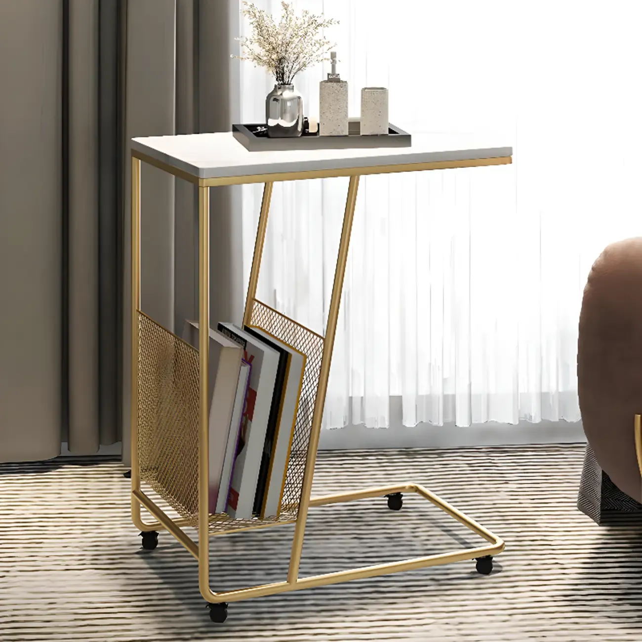 Metal C-Shaped Marble Top End Table with Magazine Rack Image - 6