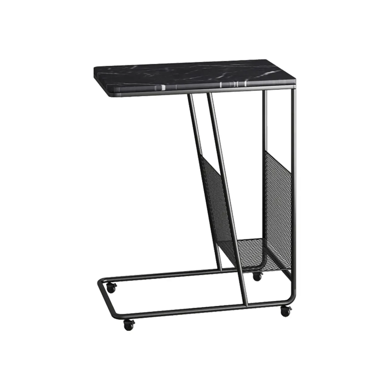  Metal C-Shaped Marble Top End Table with Magazine Rack Image - 7