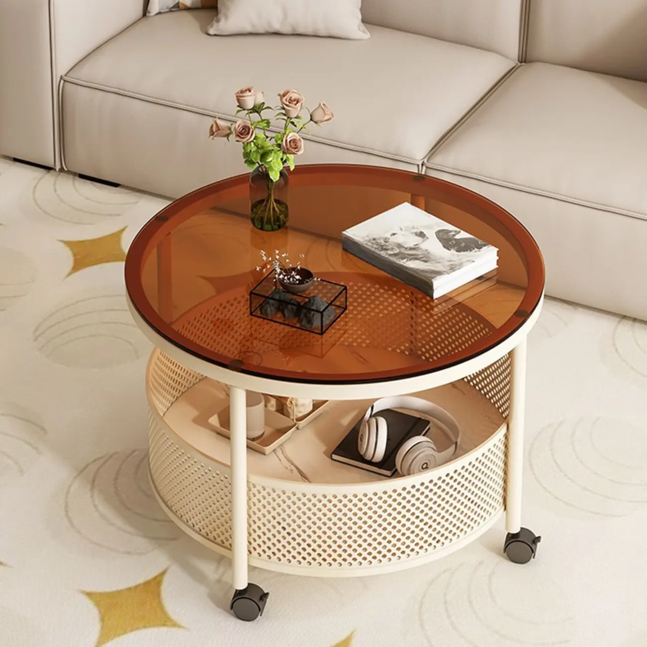 Elegant Glass Round Coffee Table with Storage & Wheels Image - 2 | homeyfad