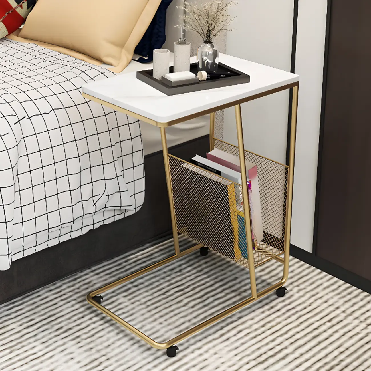  Metal C-Shaped Marble Top End Table with Magazine Rack Image - 8