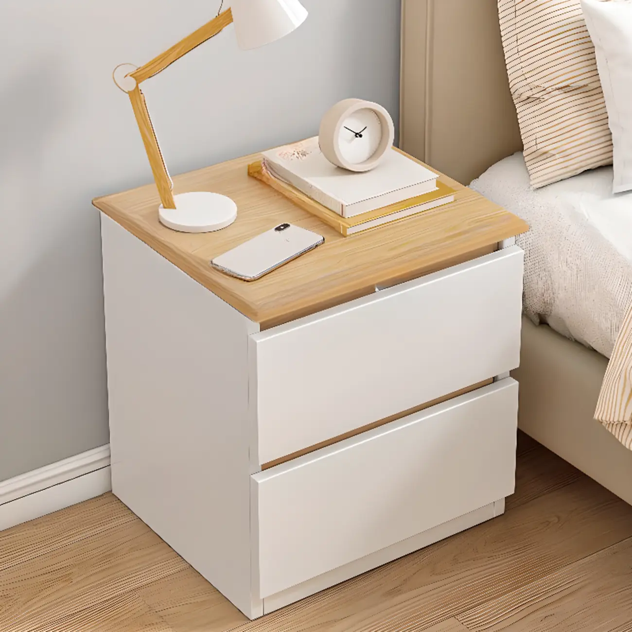 Simplistic White Wooden Bedside Table with 2 Storage Drawers Image - 20 | homeyfad