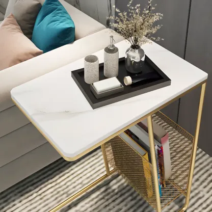  Metal C-Shaped Marble Top End Table with Magazine Rack Image - 9