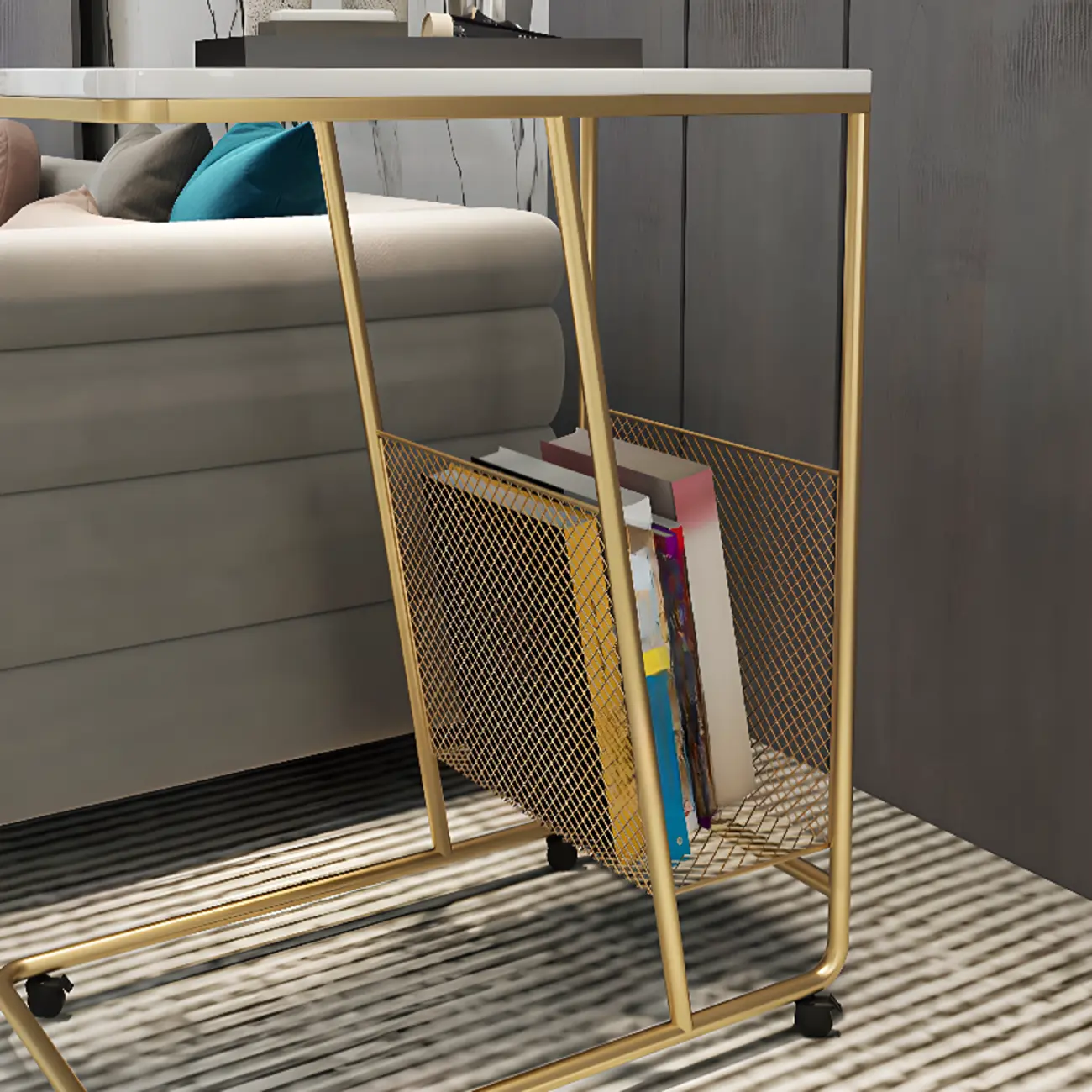  Metal C-Shaped Marble Top End Table with Magazine Rack Image - 10 | homeyfad