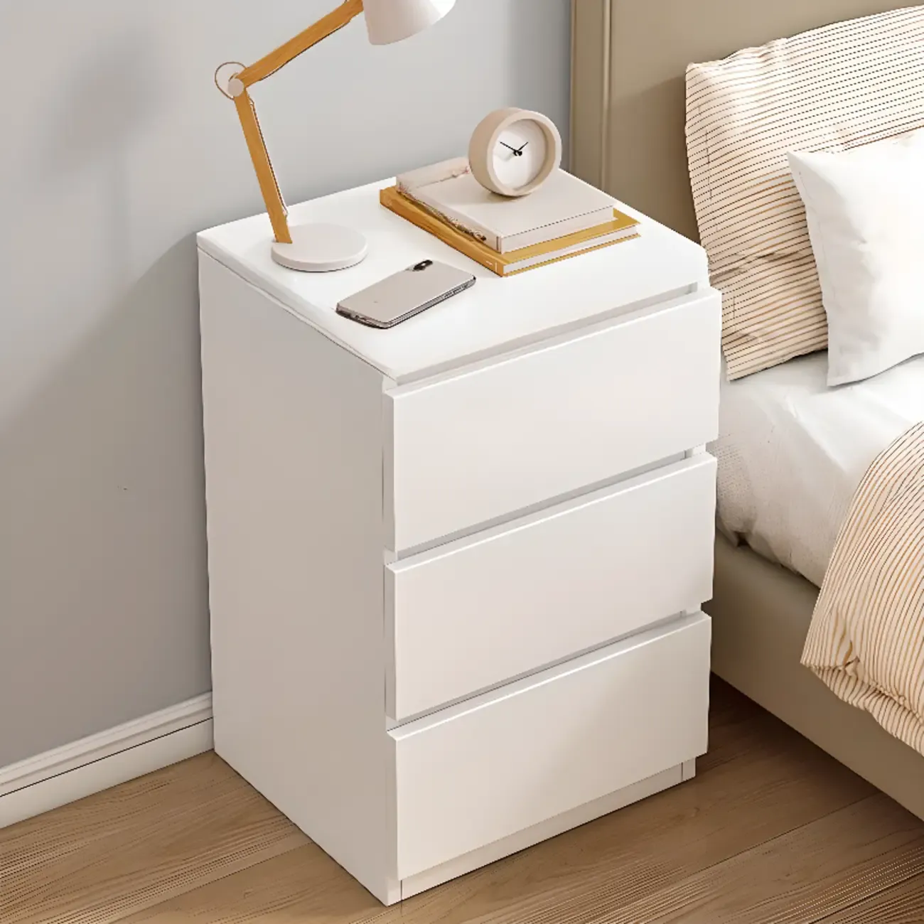 Simplistic White Wooden Bedside Table with 2 Storage Drawers Image - 21