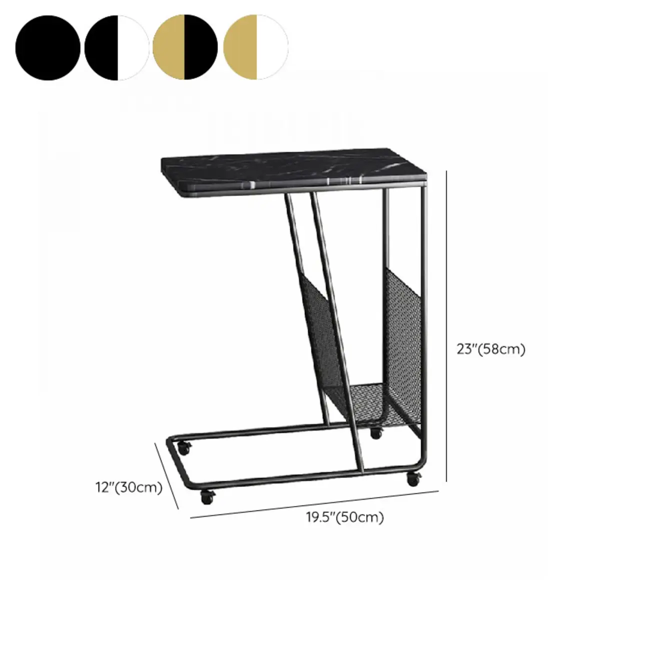  Metal C-Shaped Marble Top End Table with Magazine Rack #size