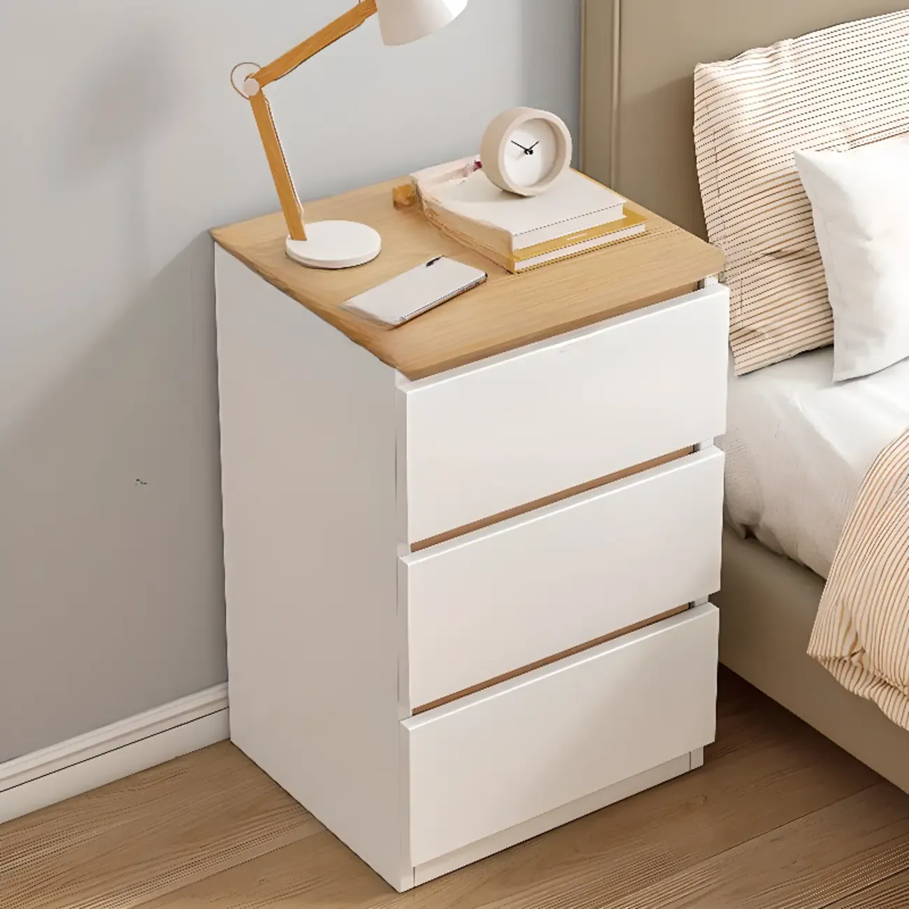 Simplistic White Wooden Bedside Table with 2 Storage Drawers Image - 22
