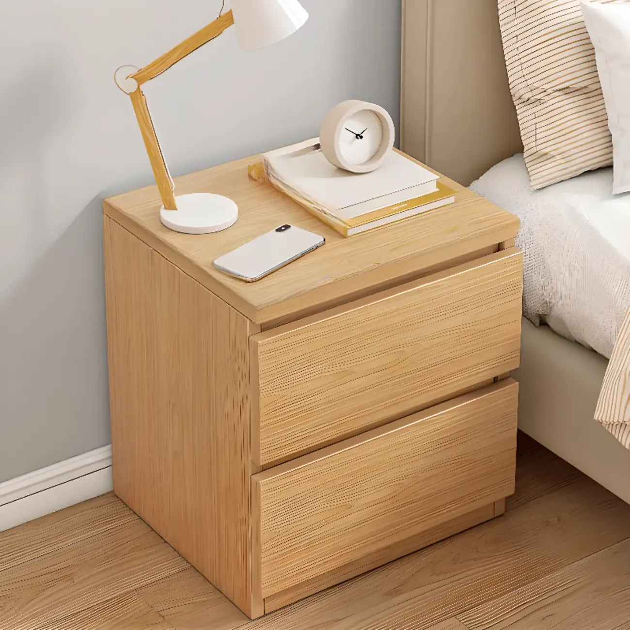 Simplistic White Wooden Bedside Table with 2 Storage Drawers Image - 23