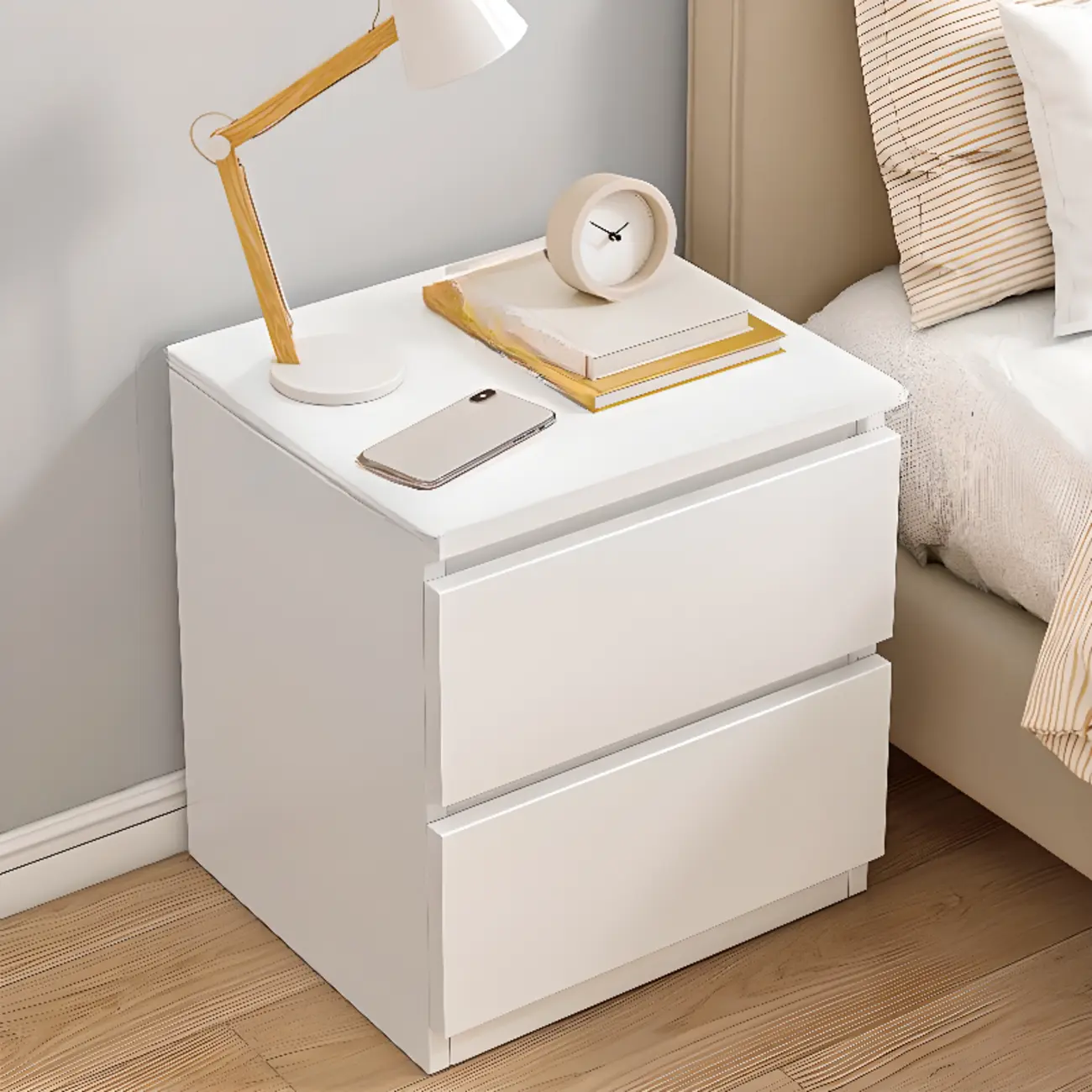 Simplistic White Wooden Bedside Table with 2 Storage Drawers Image - 24 | homeyfad
