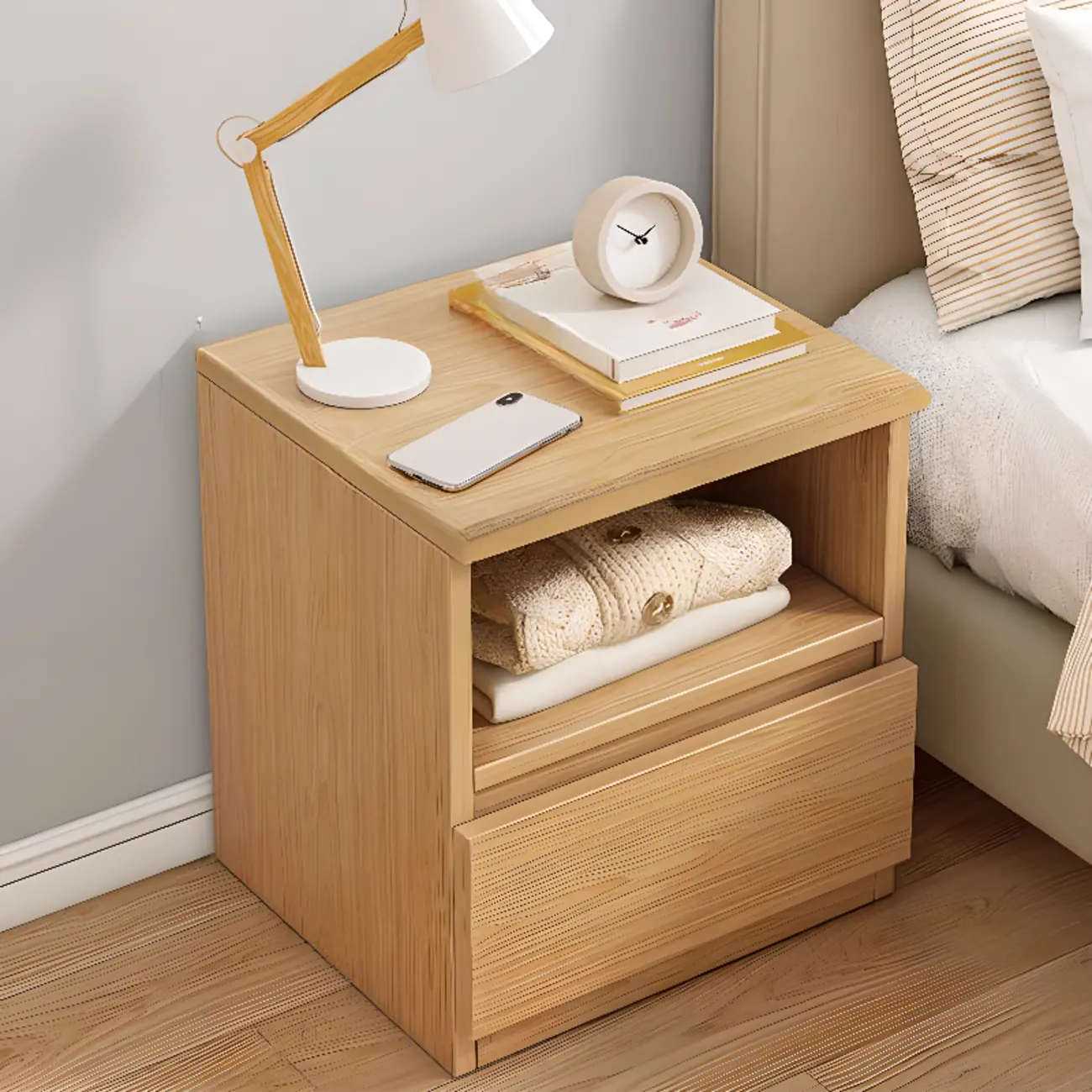 Simplistic White Wooden Bedside Table with 2 Storage Drawers Image - 25 | homeyfad