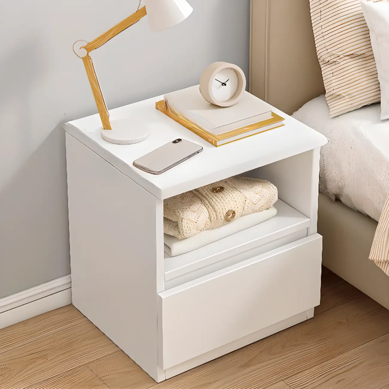 Simplistic White Wooden Bedside Table with 2 Storage Drawers Image - 26 | homeyfad