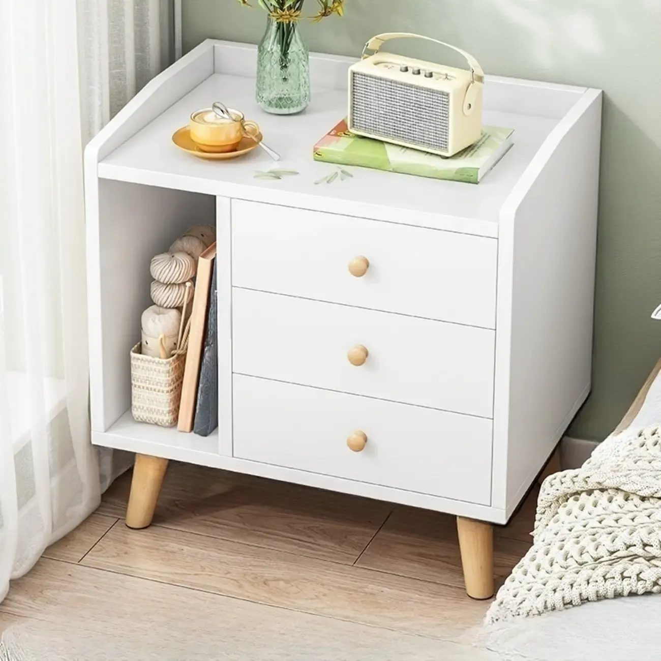 Modish White Wooden Bedside Table with Open Shelf and Drawers Image - 1