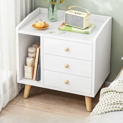 Modish White Wooden Bedside Table with Open Shelf and Drawers Image - 1