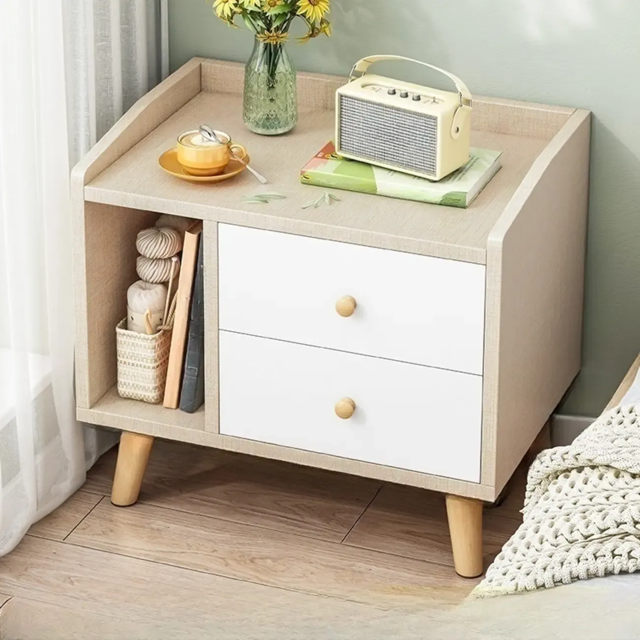 Modish White Wooden Bedside Table with Open Shelf and Drawers Image - 2