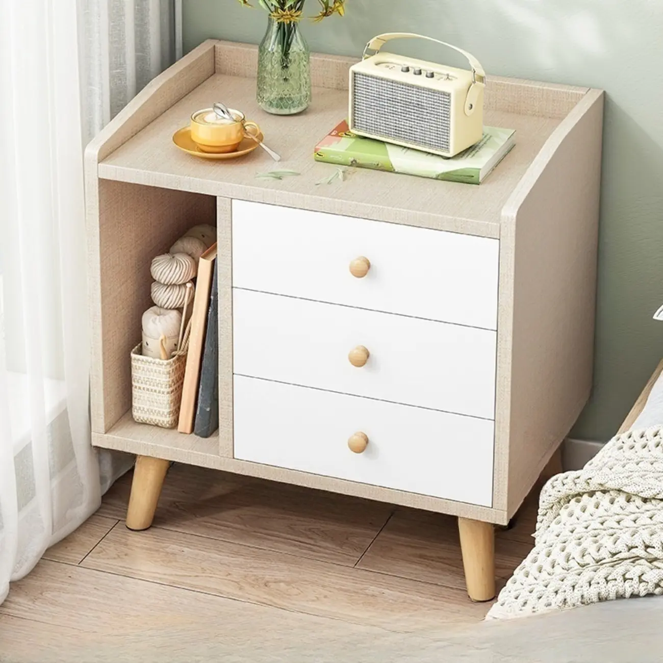 Modish White Wooden Bedside Table with Open Shelf and Drawers Image - 3 | homeyfad