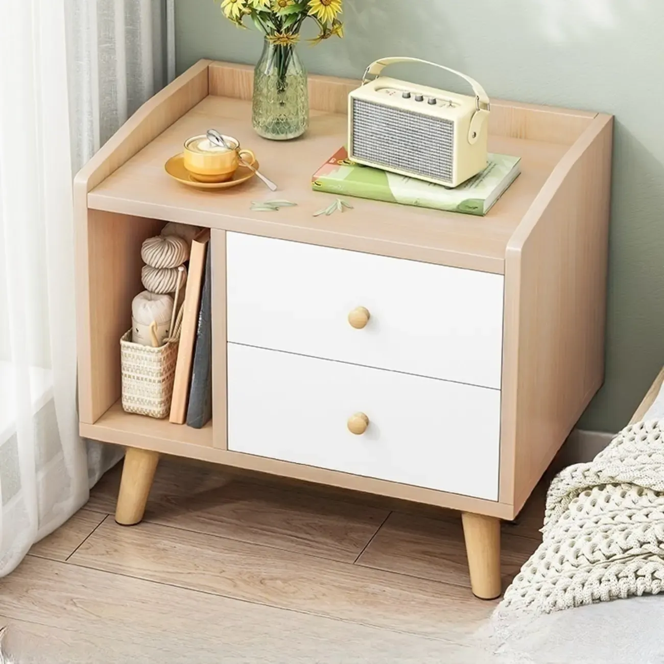 Modish White Wooden Bedside Table with Open Shelf and Drawers Image - 4