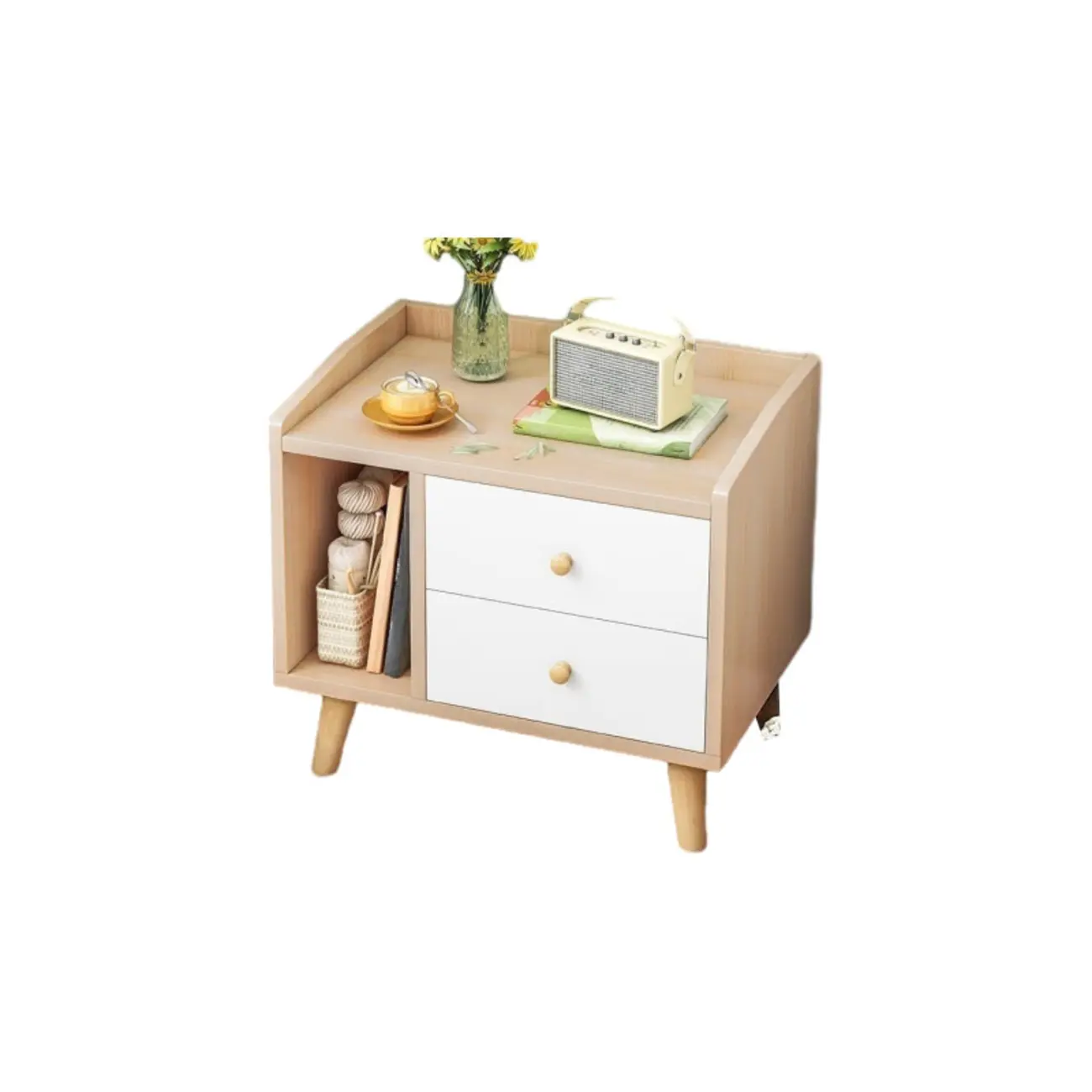 Modish White Wooden Bedside Table with Open Shelf and Drawers Image - 5 | homeyfad