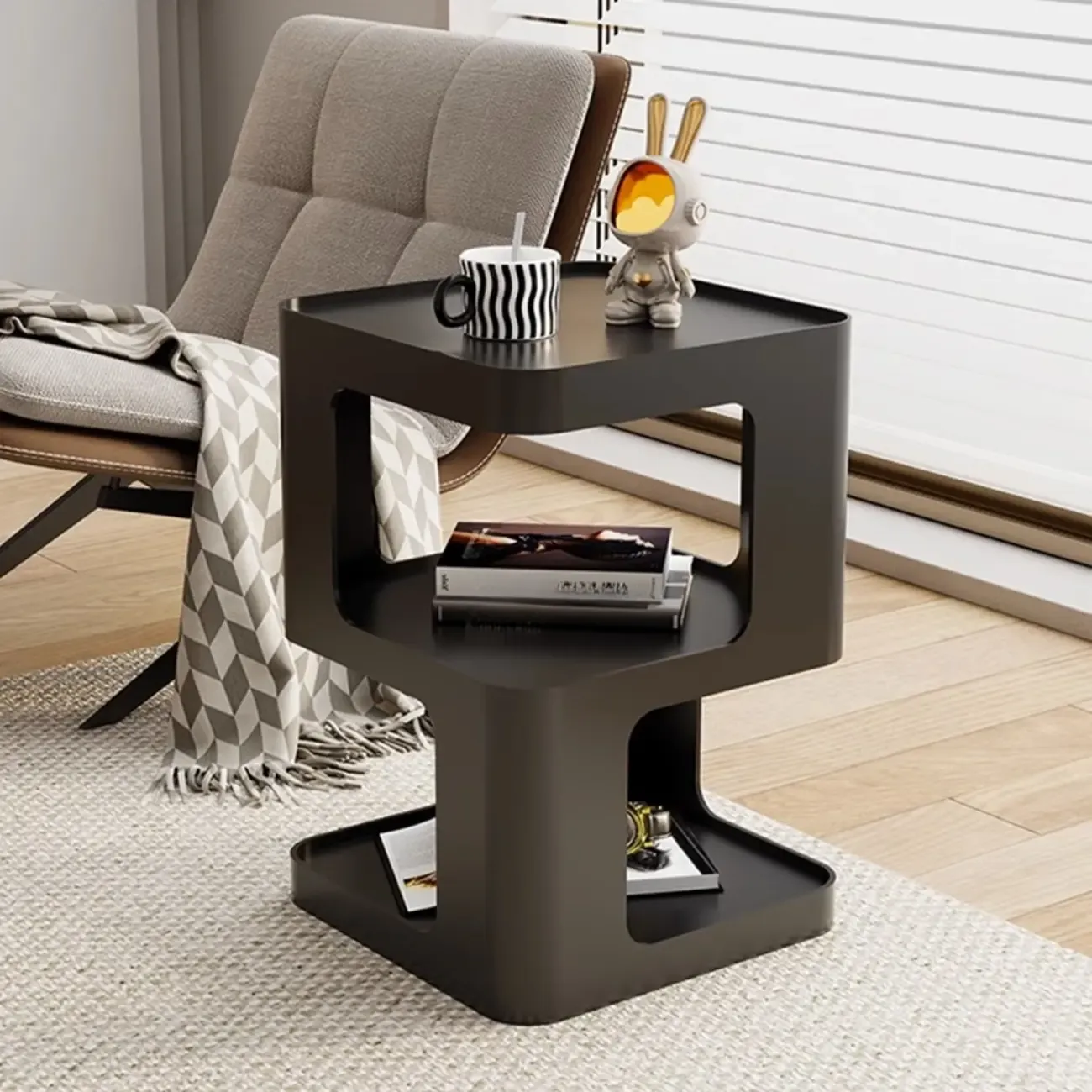 Small Square Black Metal End Table with Storage Shelves Image - 1