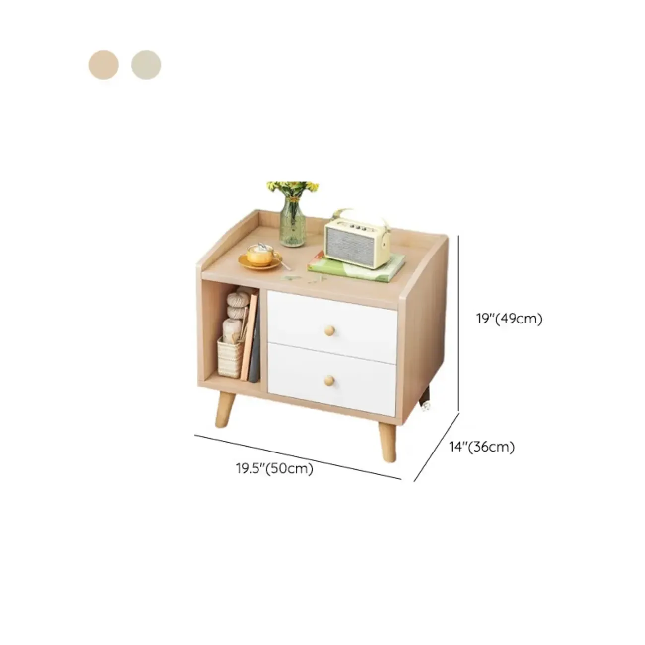 Modish White Wooden Bedside Table with Open Shelf and Drawers #size
