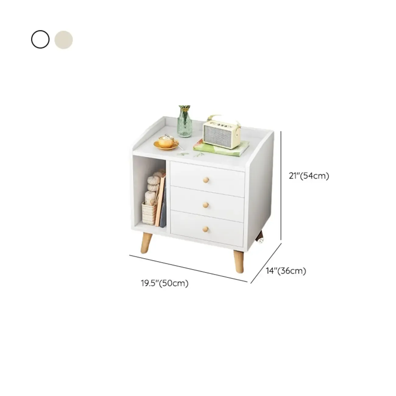 Modish White Wooden Bedside Table with Open Shelf and Drawers Image - 10