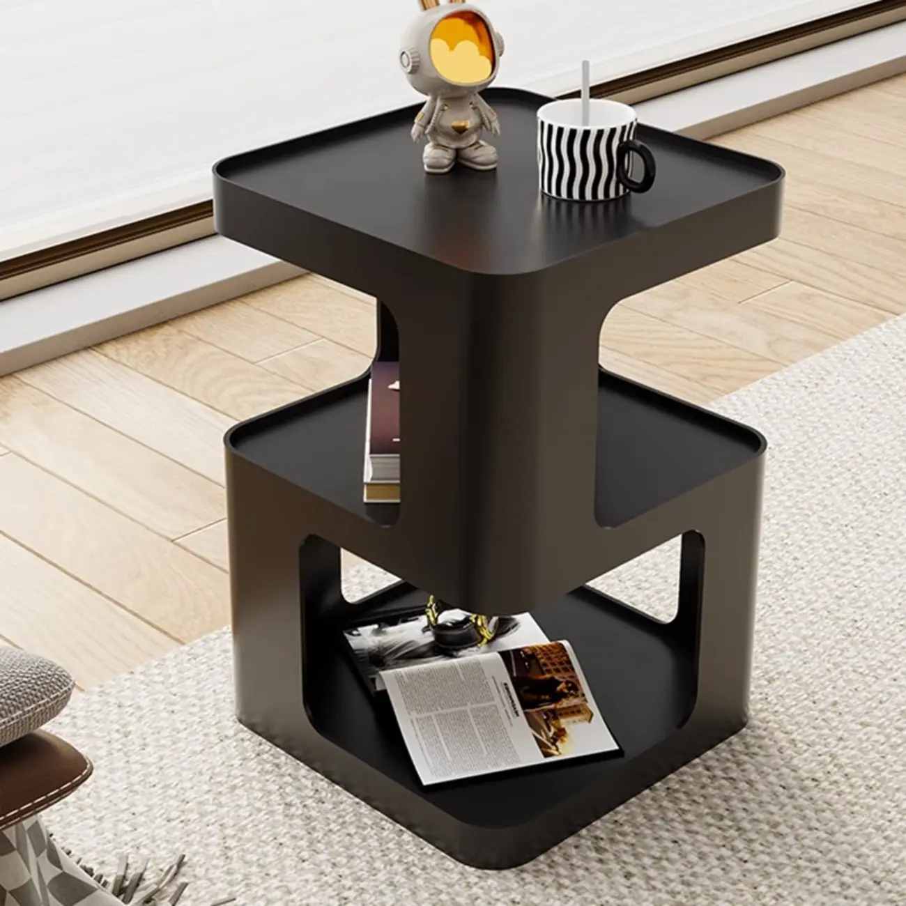 Small Square Black Metal End Table with Storage Shelves Image - 4 | homeyfad