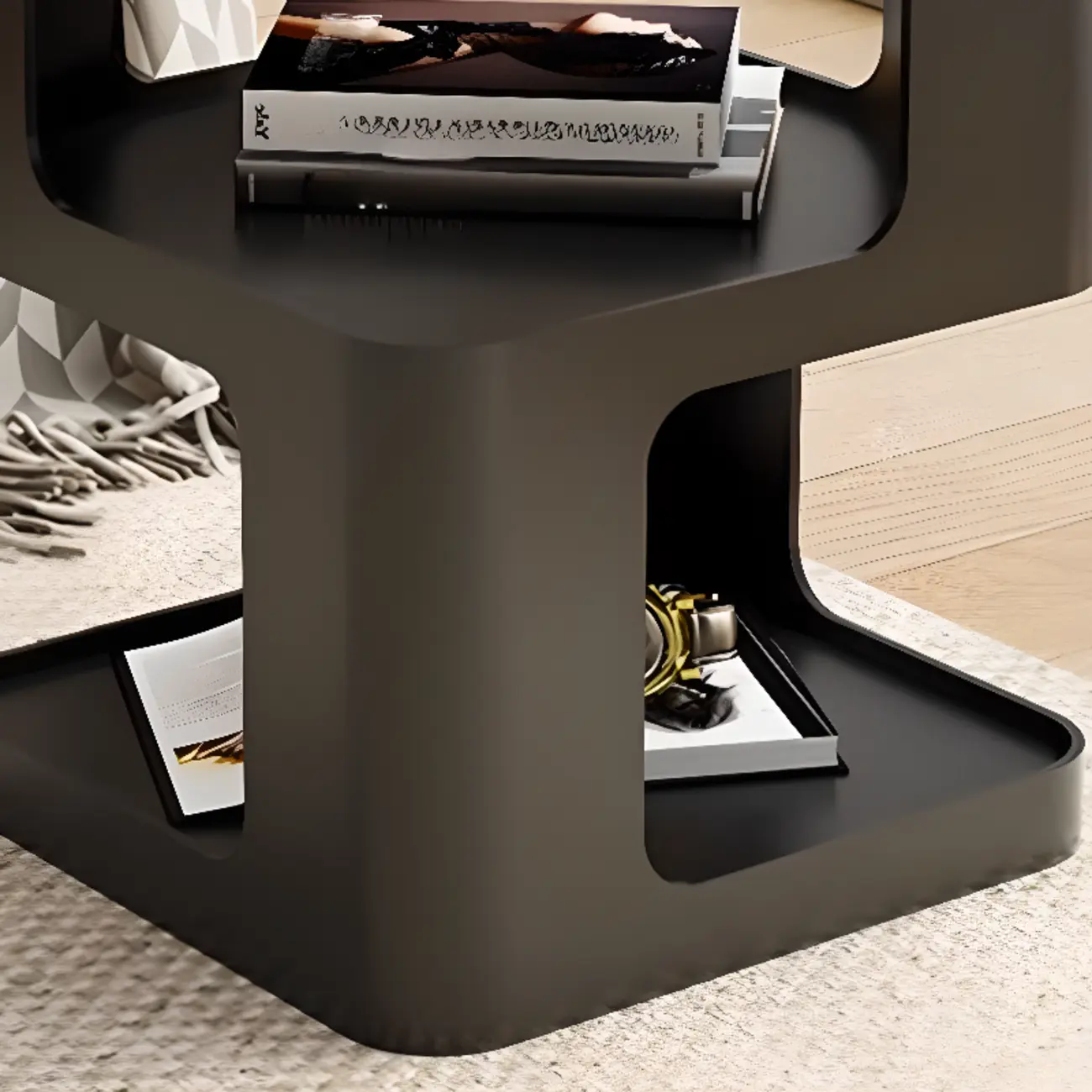 Small Square Black Metal End Table with Storage Shelves Image - 6 | homeyfad