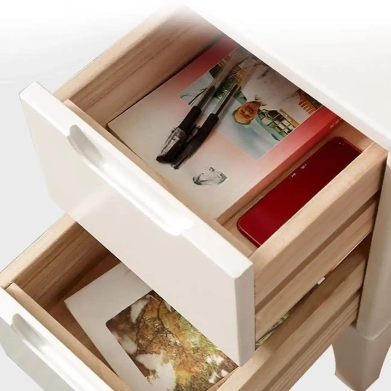 Natural Wooden Narrow Corner Bedside Table with 3 Drawers Image - 6