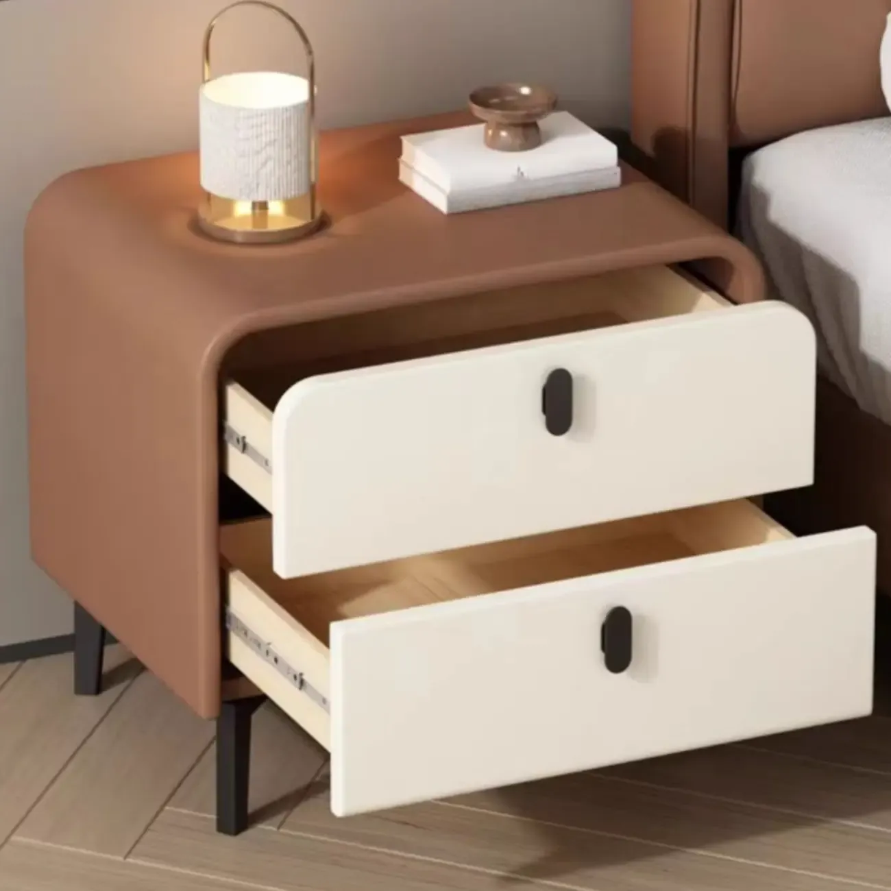 Modern Curved Edge Bedside Table with 2 Drawers Image - 6