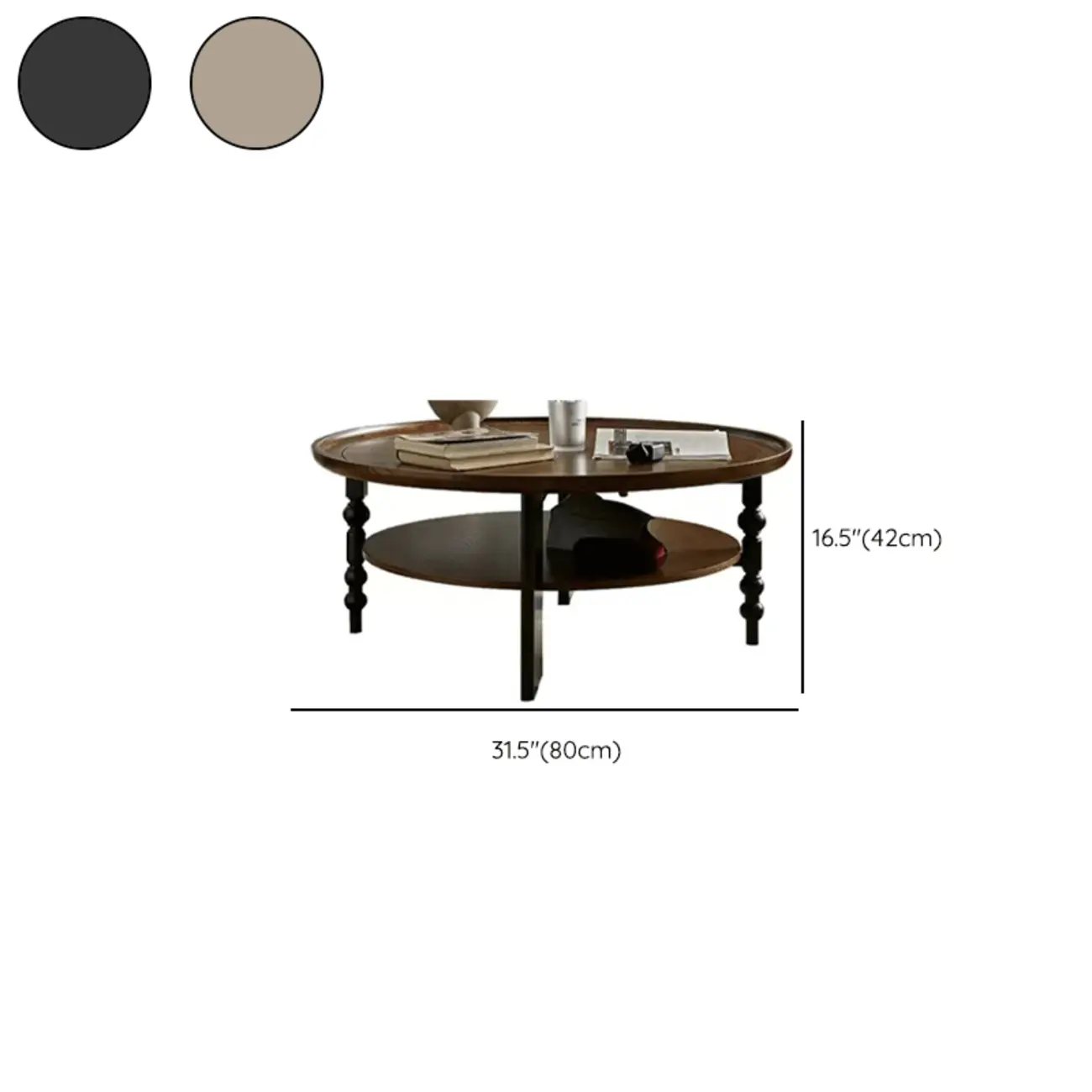 Vintage Wooden Round Coffee Table with Shelf & Tray Top #size