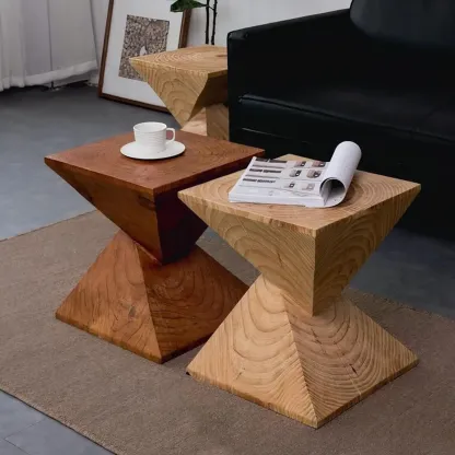 Block Square Natural Wood End Table for Living Room Image - 3