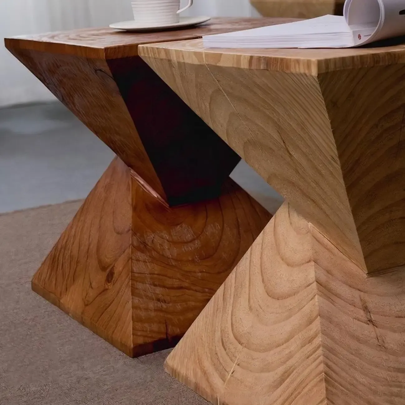 Block Square Natural Wood End Table for Living Room Image - 4