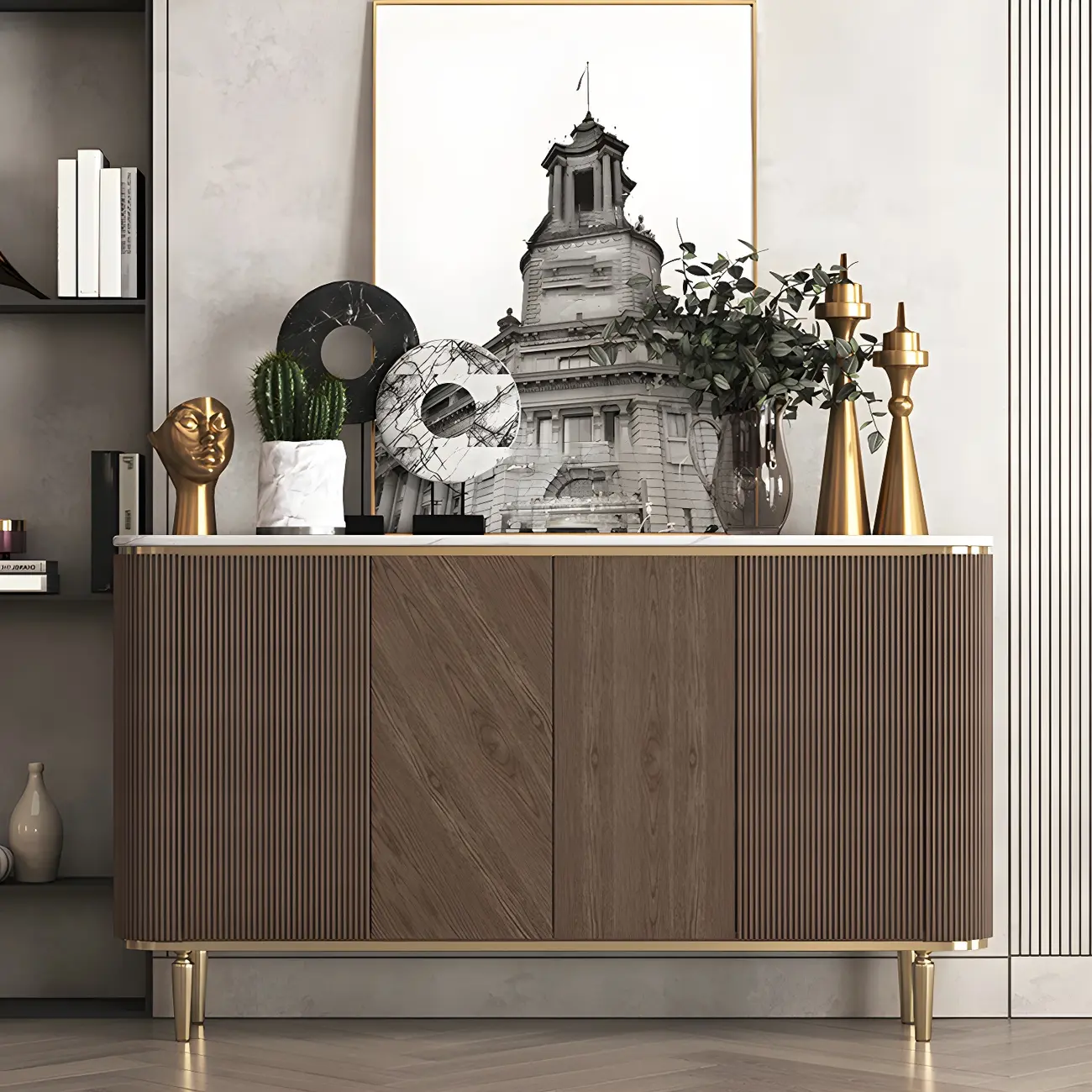 Glam Brown Wooden Sideboard with Marble Top Image - 1 | homeyfad