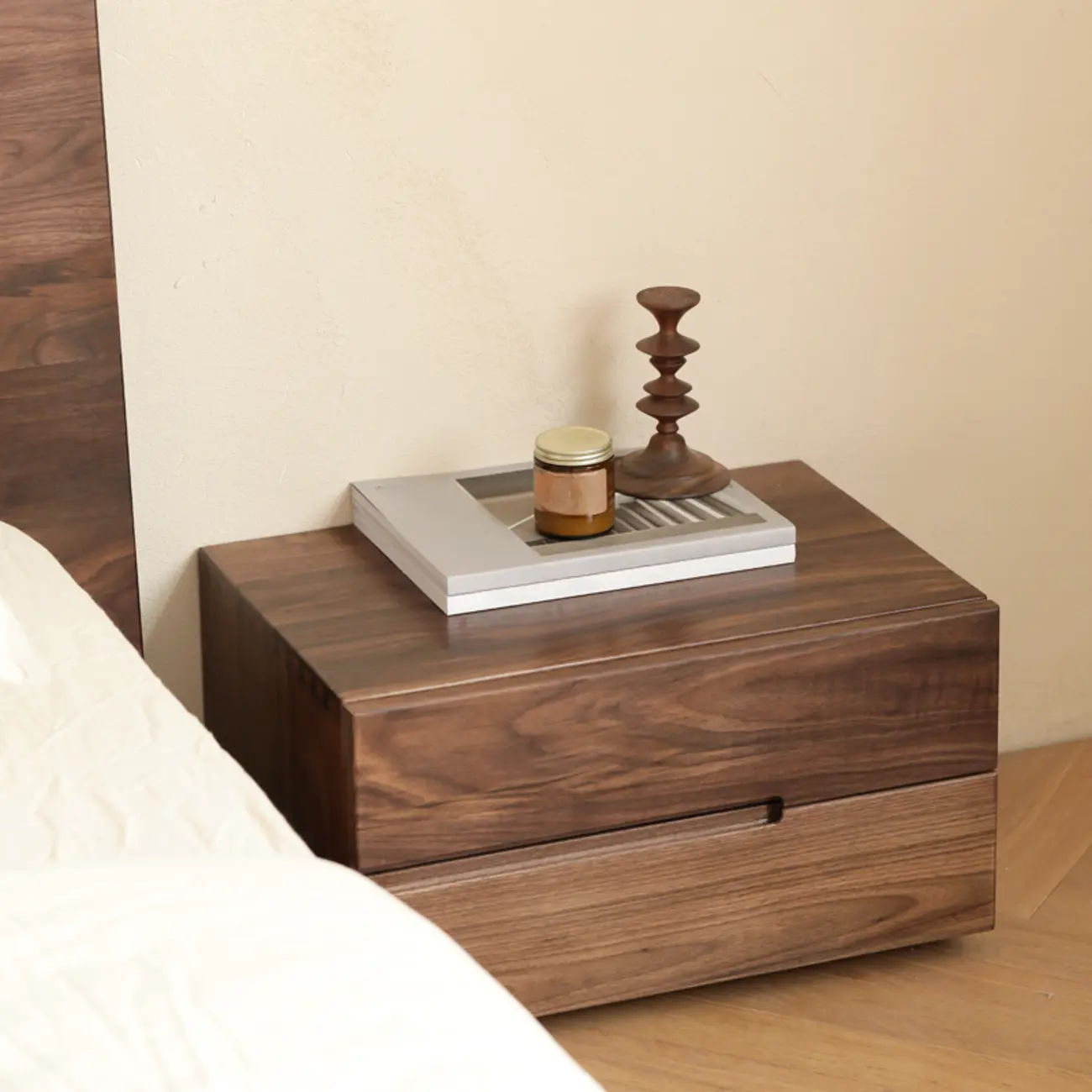 Scandinavian Brown Wood Bedside Table with 2 Drawer Image - 2 | homeyfad